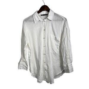 Zara Women White 100% Linen Button Down Shirt Oversized Long Sleeve XS